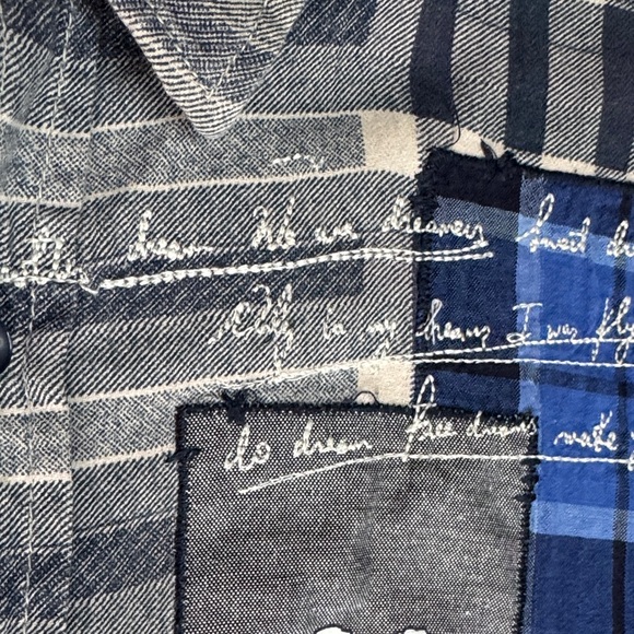 Desigual Rainbow Grey Plaid Patchwork Button-Down Shirt Graffiti Accents sz XL - Picture 5 of 13